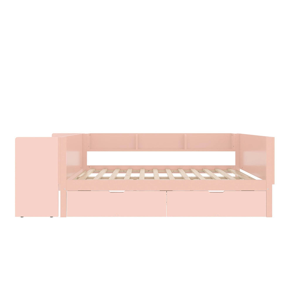 Letto-Xylo-140x200 cm-con scrivania, 2 cassetti, scaffali, pino, rosa