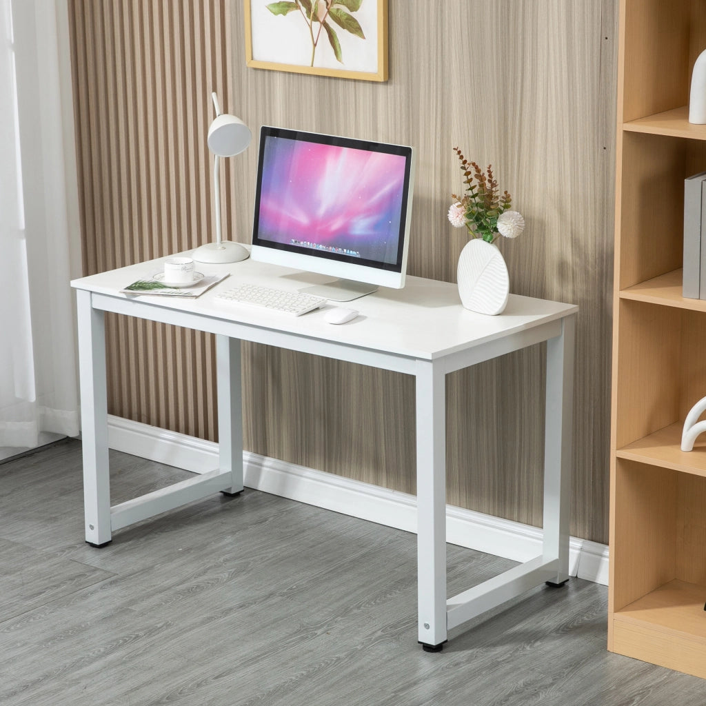 scrivania lineare con piano ampio in MDF e metallo, bianca, stabile e versatile per ufficio e studio quotidiano