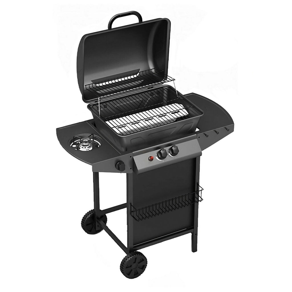 Barbecue a Gas 2 Fuochi con Fornello Laterale, Coperchio e Griglia 37x48 cm, Accensione Piezo, Ruote e Mensola con Ganci