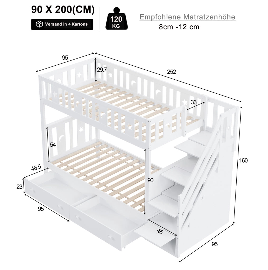 Letto a castello 90x200 cm in legno con scala contenitore e 2 cassetti