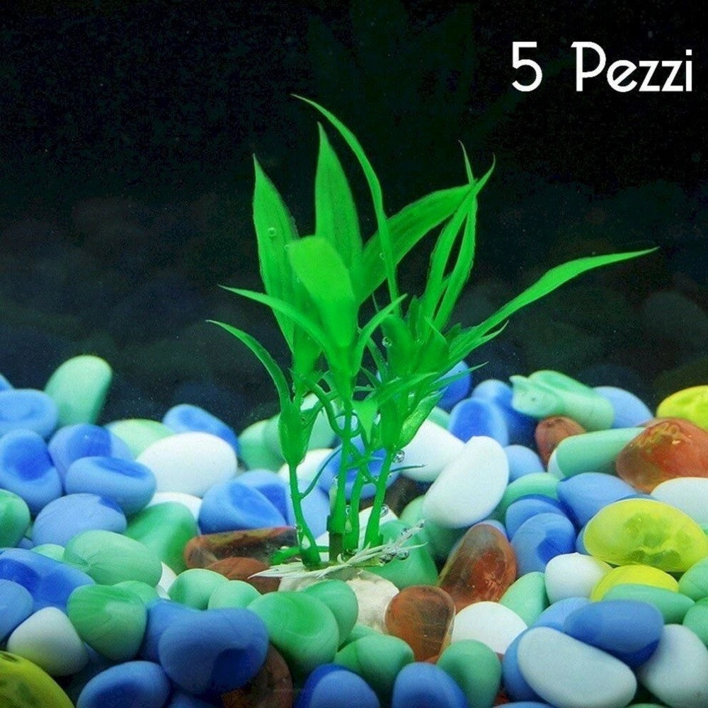 Trade Shop - Set 5 Pianta 12 Cm Piantina Artificiale Per Acquario Piante Finte Plastica Verde -