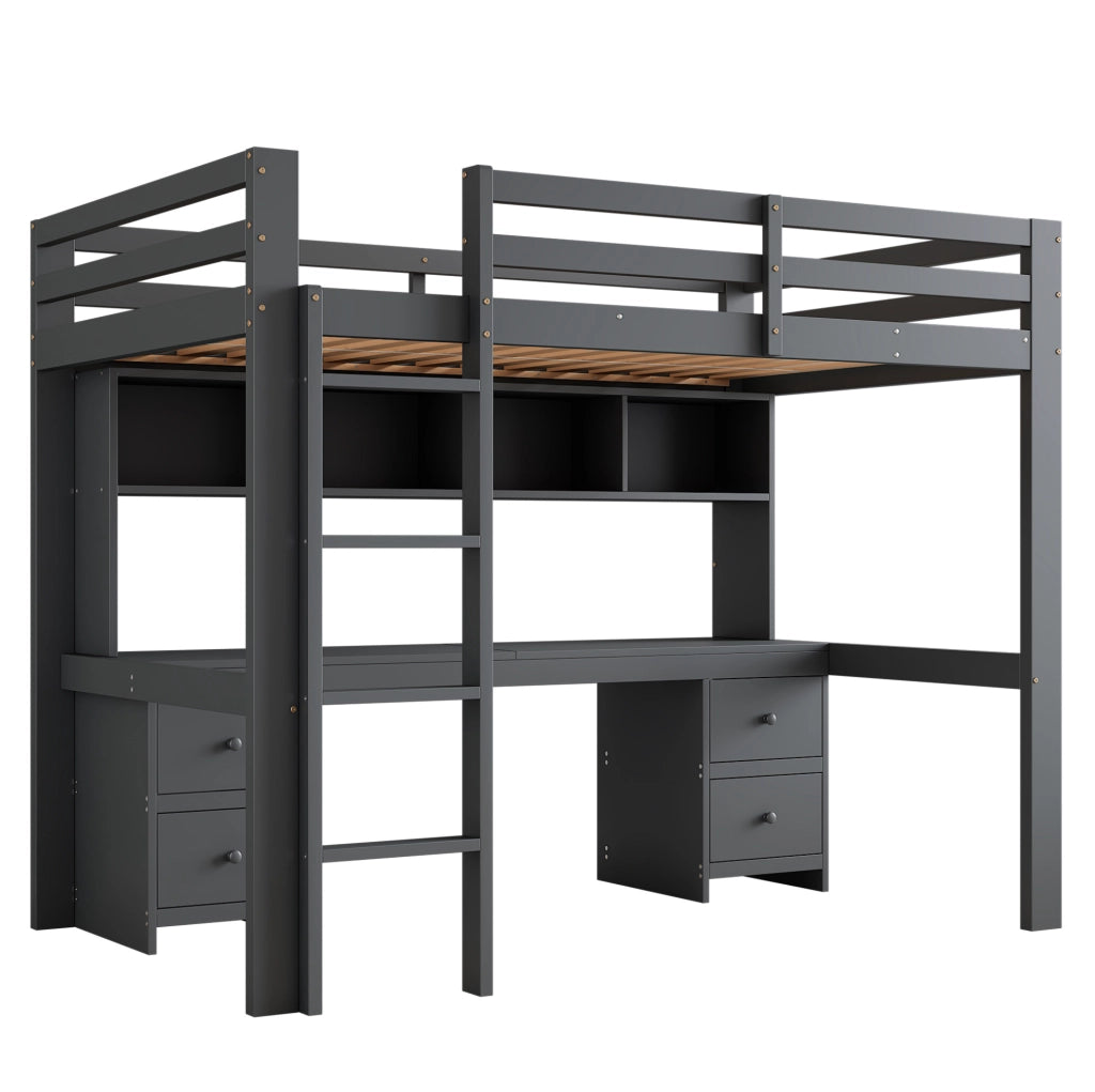 Letto a soppalco ULEVR 90x200 cm con scrivania, 4 cassetti e 4 vani, grigio