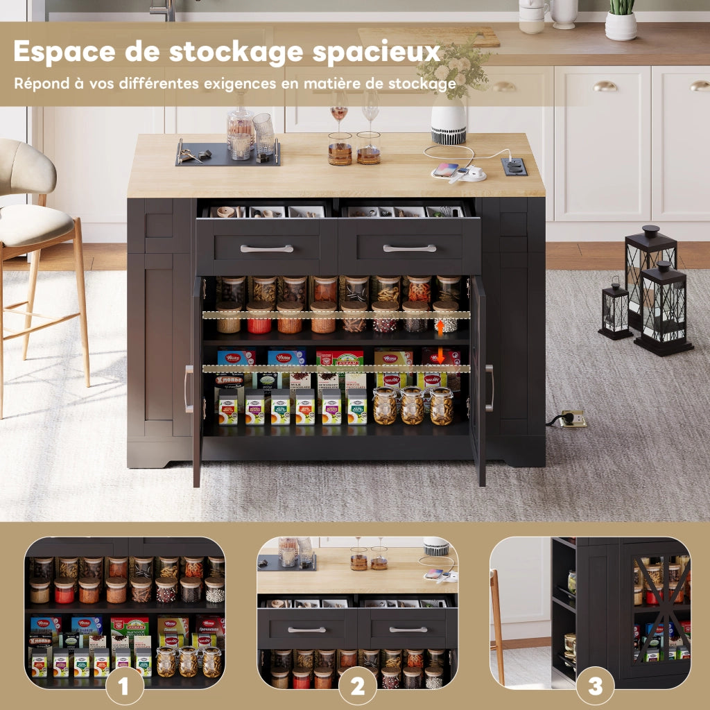 Carrello da Cucina con 2 Ante in Vetro; 6 Ripiani Aperti; Tavolo Ribaltabile; Prese AC e USB; 120x40x92 cm