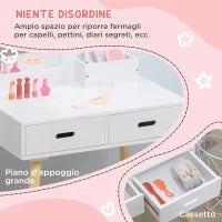 Set Toeletta per Bambini con Tavolo Trucco e Sgabello, Specchio e 2 Cassetti, Bianco e Colore Legno