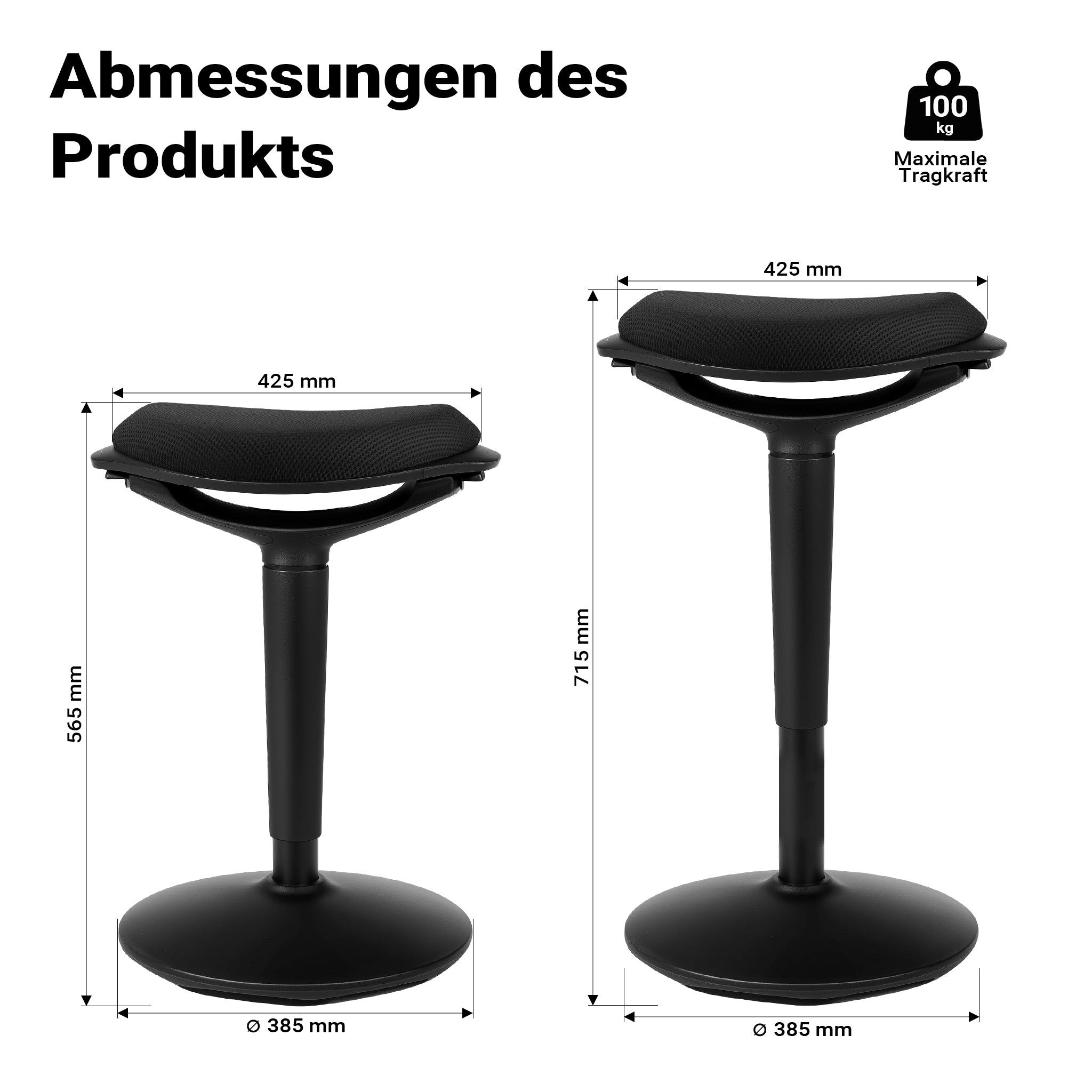 Sgabello sit stand nero, sgabello girevole regolabile in altezza fino a 70 cm, max 100 kg, sgabello ergonomico per casa, ufficio, officina
