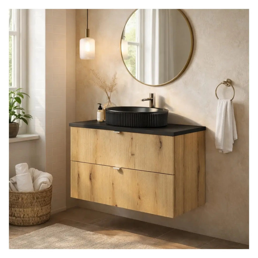 Set per bagno sospeso VANO aspetto rovere e nero 80cm: mobili sotto lavabo con cassetti + piano per lavabo