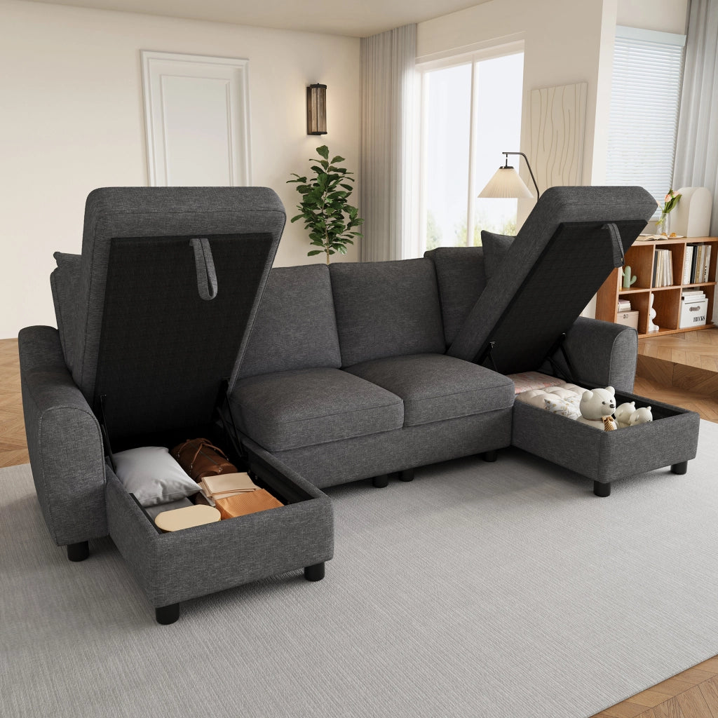 Divano panoramico a U modulare con contenitore nelle chaise longue e cuscini, in ciniglia grigio 280 × 137 × 84 cm