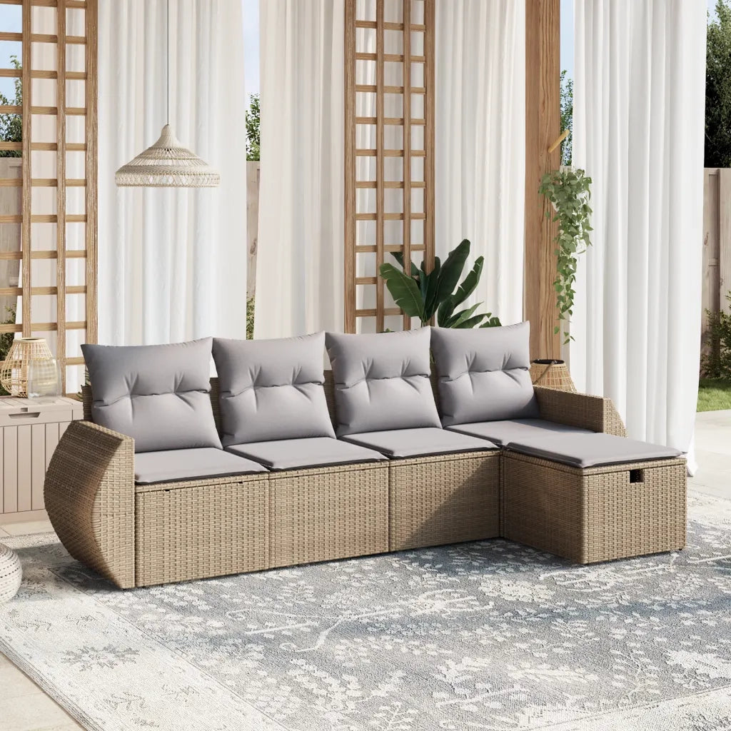 Set Divano da Giardino 5 pz | Set Salotto da Giardino con Cuscini Beige Misto Polyrattan