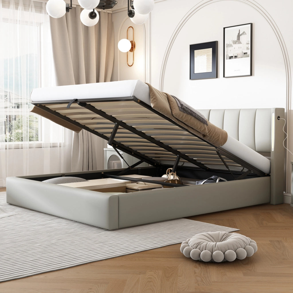 Letto imbottito grigio 140 x 190 cm con LED, USB e contenitore