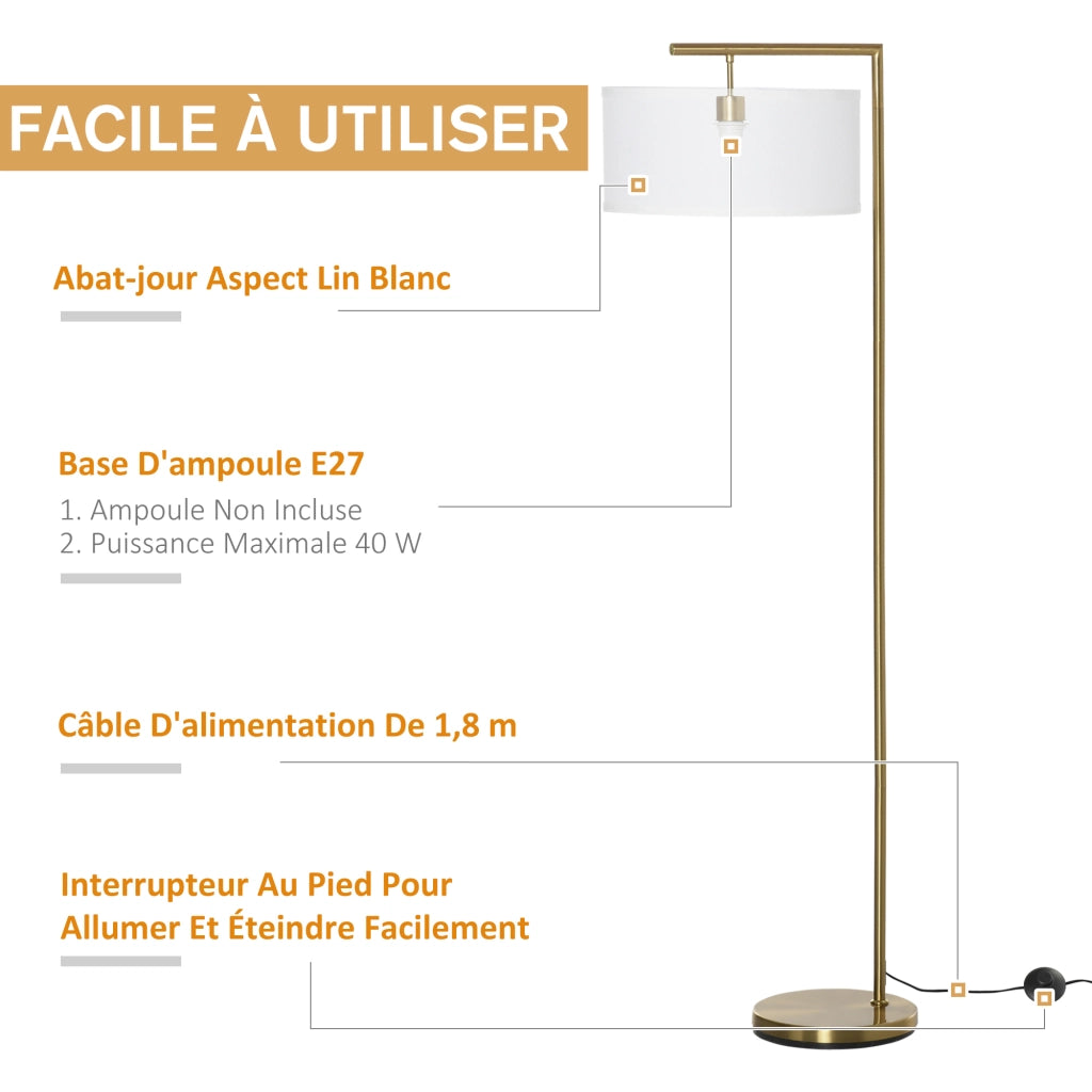Lampada da terra a stelo con paralume in lino base rotonda stabile per ufficio camera da letto ¨C zephmum ¨C 47x37x153 cm oro e bianco