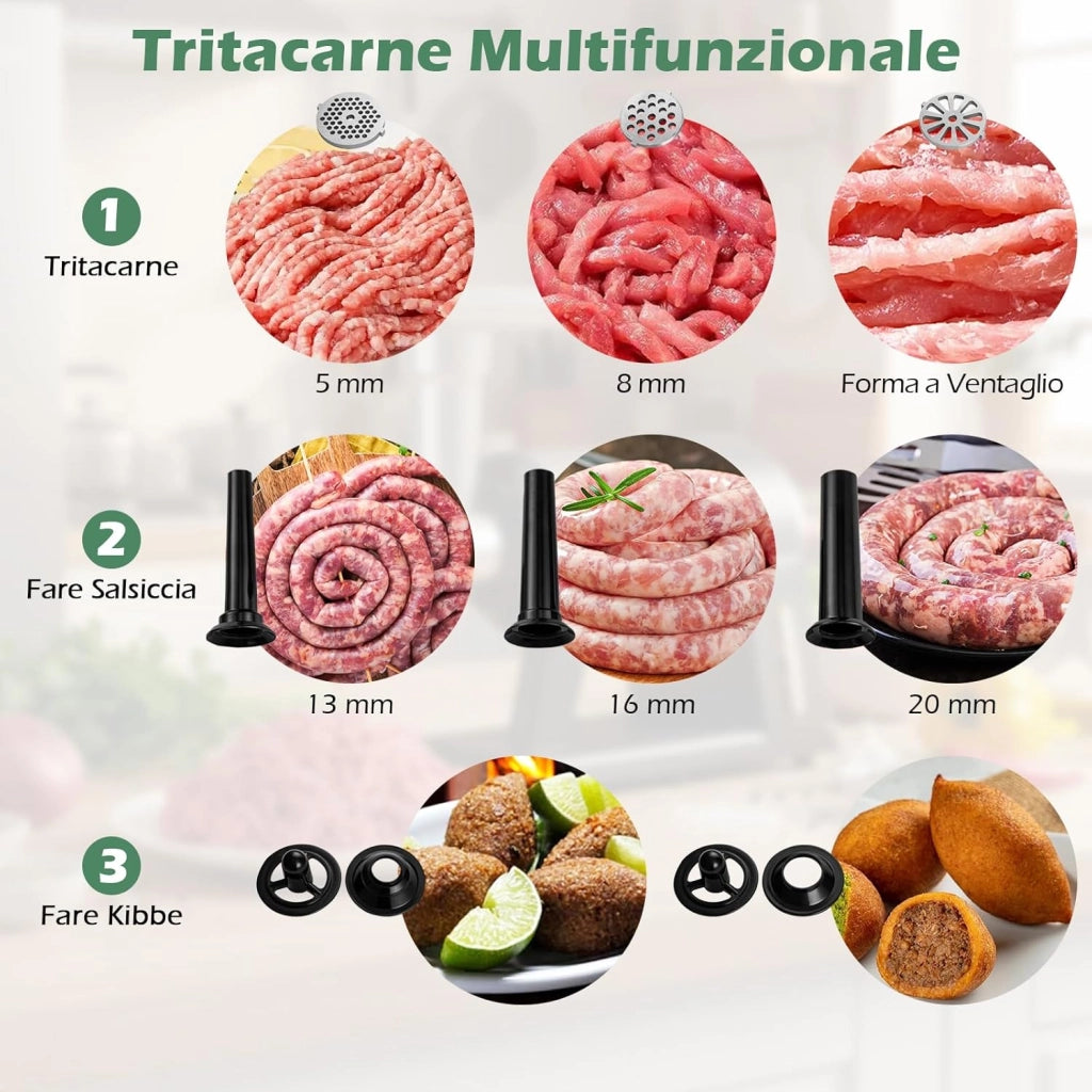 2000W Tritacarne Elettrico con Insaccatore per Salsicce, 3 Tubetti per Salsicce, 3 Dischi per Macinare, Kit Kibbe, Lama, Spingitore e Cassetto, Tritacarne in Alluminio per Cucina