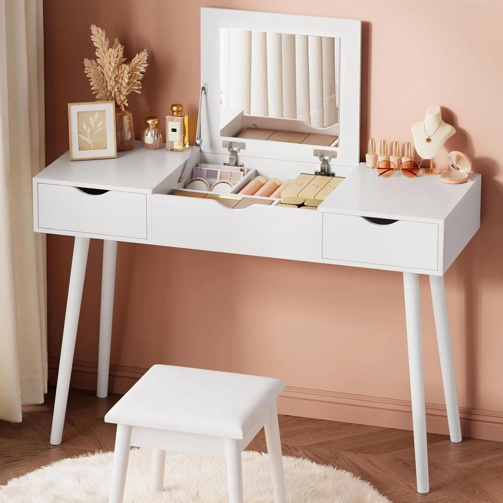 EUGAD Toeletta da Trucco con Specchio Pieghevole, Tavolo da Toeletta con Sgabello ben Imbottito, Scrivania con 2 Cassetti, Moderno, Legno, Bianco, 100x40x75 cm