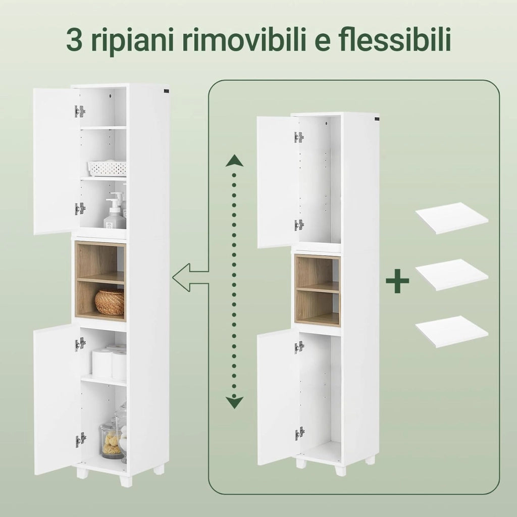 Mobile Bagno Alto e Stretto – Armadietto Salvaspazio con Ripiani Aperti e Ante – Mobiletto Bagno Bianco in MDF/PB, 30x170x30 cm, Modello BZR147-W