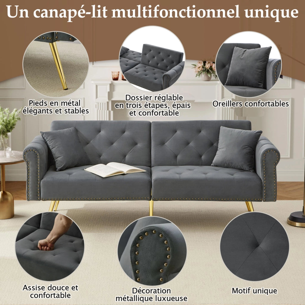 Divano letto 2 posti in velluto grigio antico con schienali regolabili e piedi in metallo