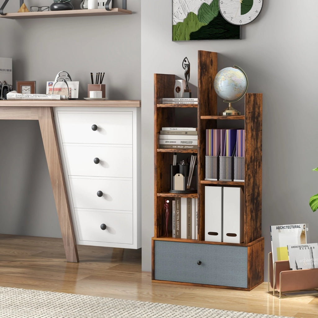 Libreria a 7 piani con cassetto 7 scomparti, Libreria espositiva in legno da 118 cm per soggiorno Marrone-Librerie