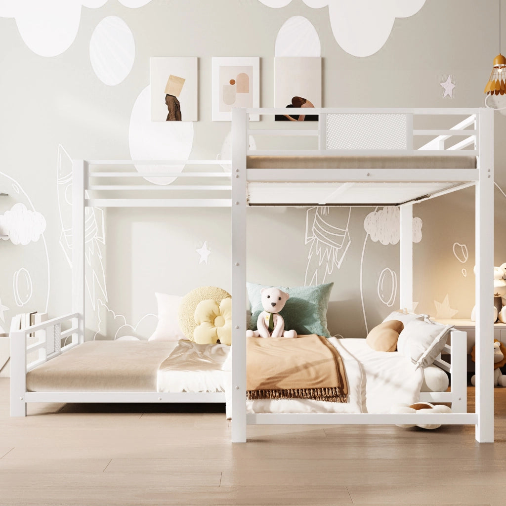DESMIU Letto a castello in metallo 140 × 200 cm 2 posti, con sbarre di sicurezza, senza materasso, bianco