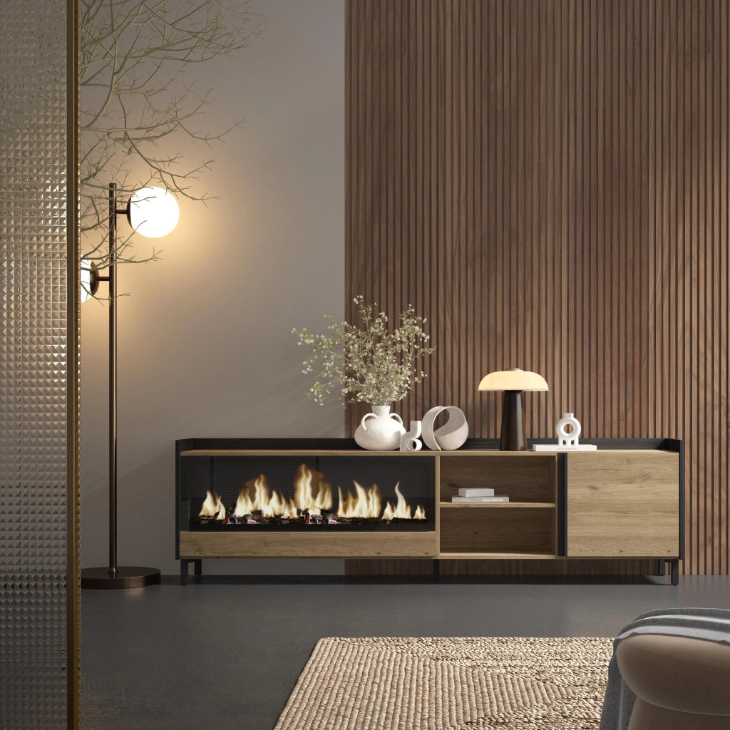 Mobile TV Soggiorno, 212x61x35 cm, Per TV fino a 80", Camino elettrico XXL, Design industriale, Rovere e nero