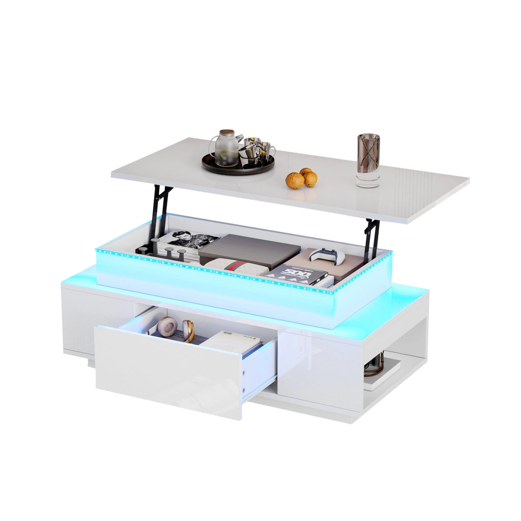 Tavolino da salotto 96x45x40 cm; sollevabile con vano contenitore e cassetto; truciolare bianco