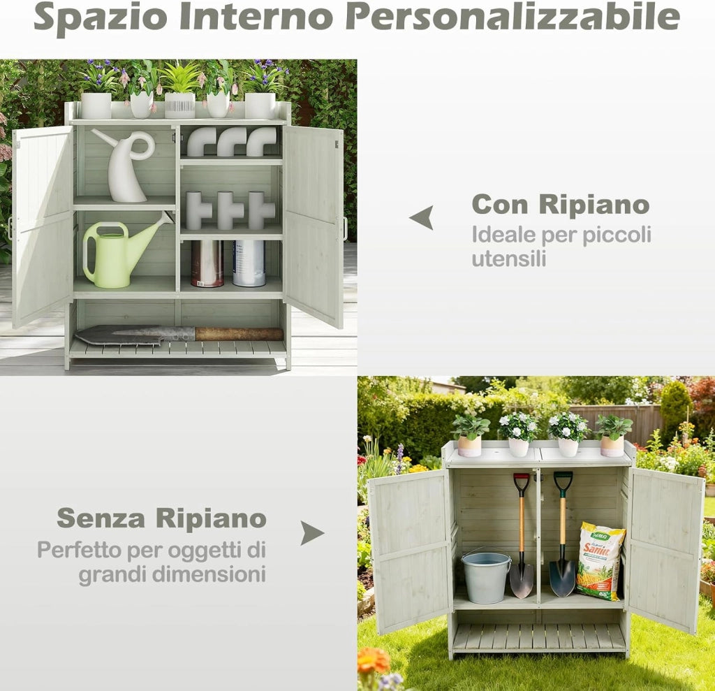 Armadio da Esterno in Legno Massello | Armadietto da Giardino con Ripiani Rimovibili, 2 Ante e Piano di Lavoro, per Balcone e Cortile