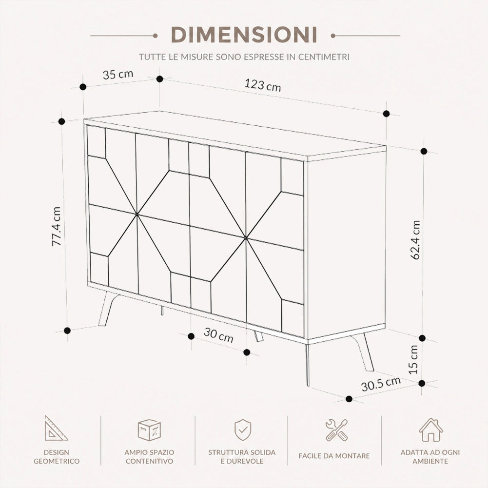 Madia con 4 Ante Credenza Design Geometrico Moderno in Legno 123x77 cm Bianco