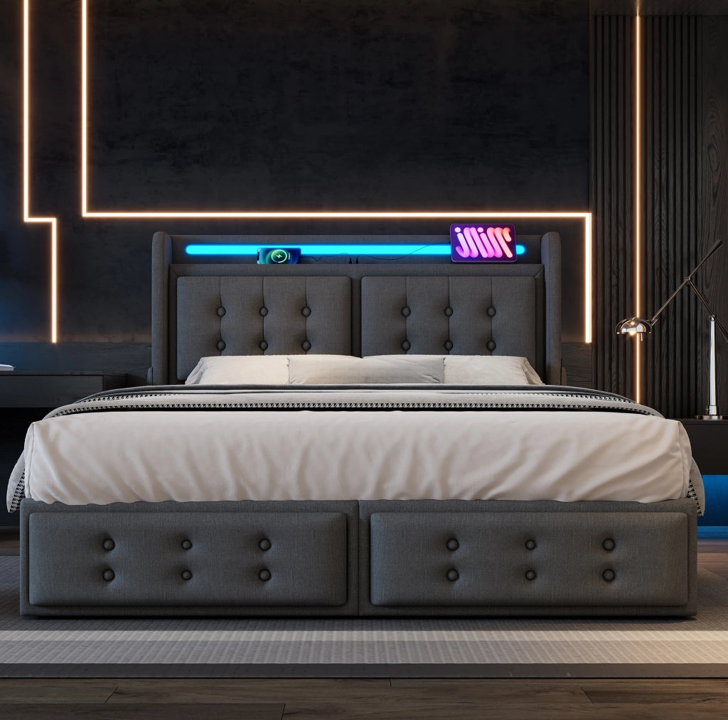 Letto matrimoniale 160x200 cm con contenitore; LED; porte USB e Type-C; 4 cassetti; grigio