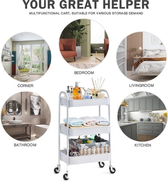 Carrello a tre piani, trolley per cucina, bagno e cosmetica, servizio con ruote e maniglie, carrello per ufficio, salone, senza viti, facile da montare, bianco.