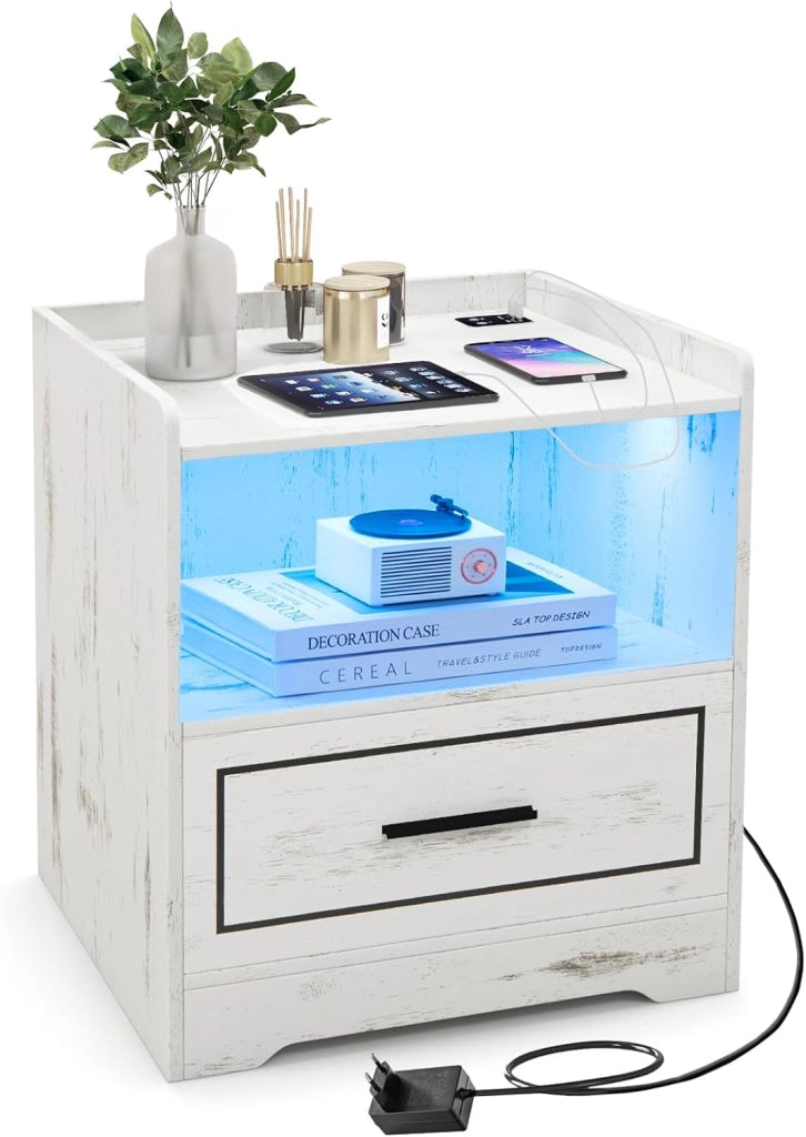 Comodino con Luce a LED(3 colori) e Cassetto, Tavolino da Divano con 2 Porte USB, Tavolino da Caffè con Sensore di Movimento, 45x40x50 cm, Bianco