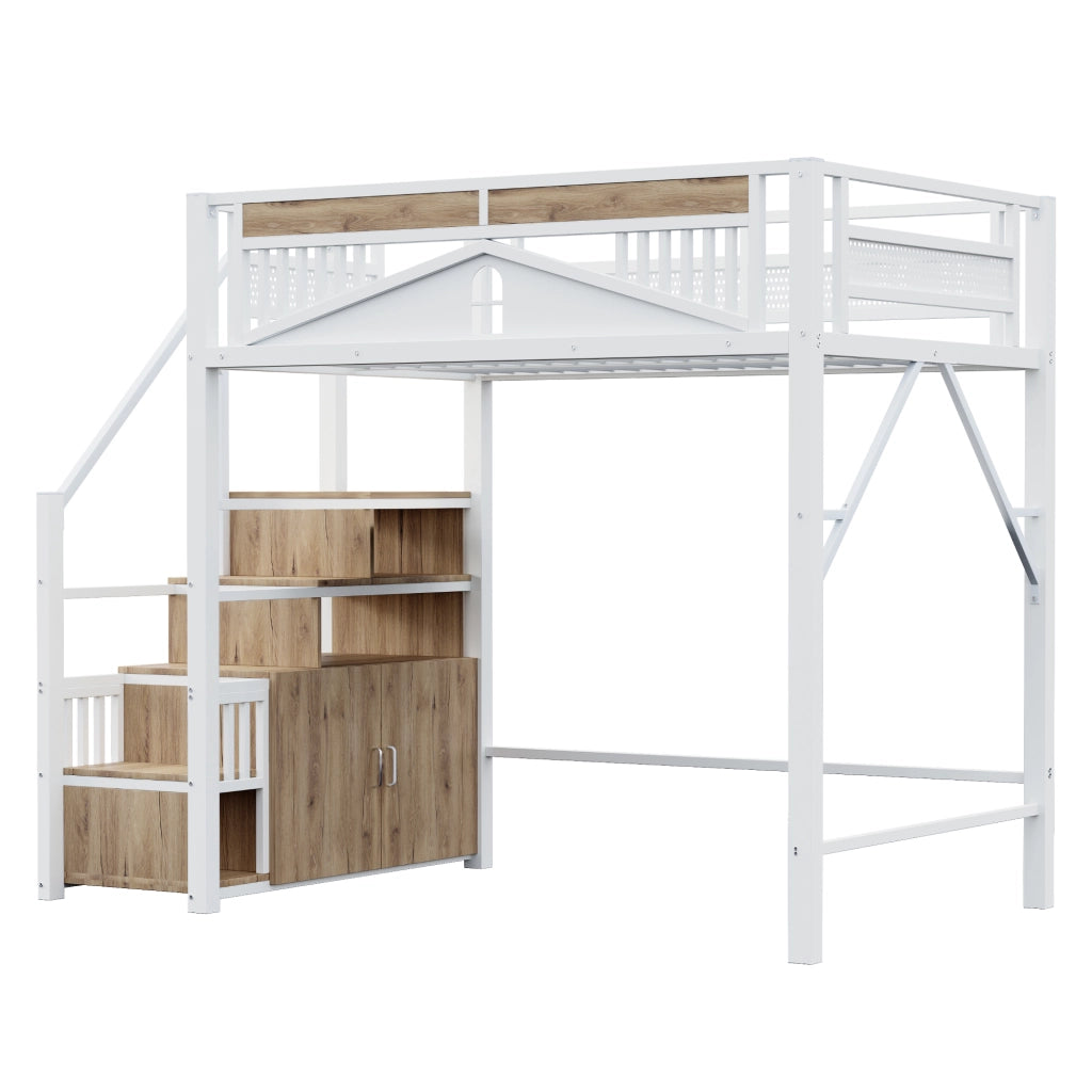 OKWISH Letto a Soppalco 140×200 cm, Letto Matrimoniale con Scala Contenitore, Armadietto e Sponda con Finestra, senza Materasso, Bianco