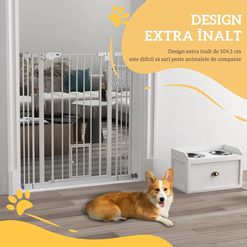 Cancellino per Cani Regolabile 74-101x104 cm con Porta Piccola e Chiusura Automatica in Acciaio Bianco