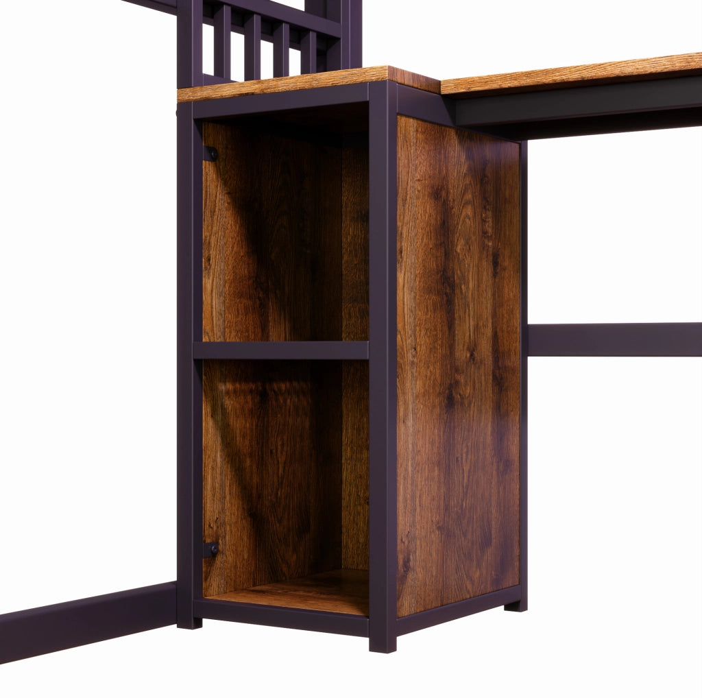 Letto a soppalco 204x181.5x180 cm con luce; presa e scrivania in metallo e MDF nero