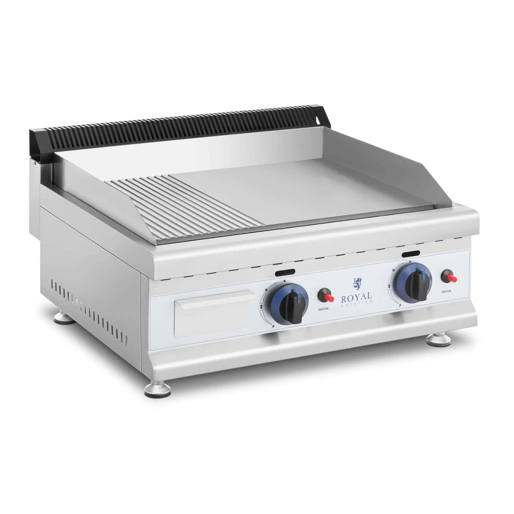 Royal Catering Piastra a gas in acciaio inox Professional Grill 60 cm 2 zone di cottura 2 x 3 100 Watt (piastra 60 x 40 cm 20 mbar gas naturale 50 - 300 °C liscia/scanalata scarico grassi) 14_0004037