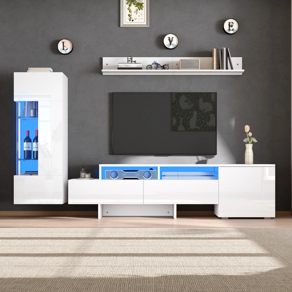 Parete attrezzata TV 3 pezzi bianca con LED, mobile TV 170 cm e pensile