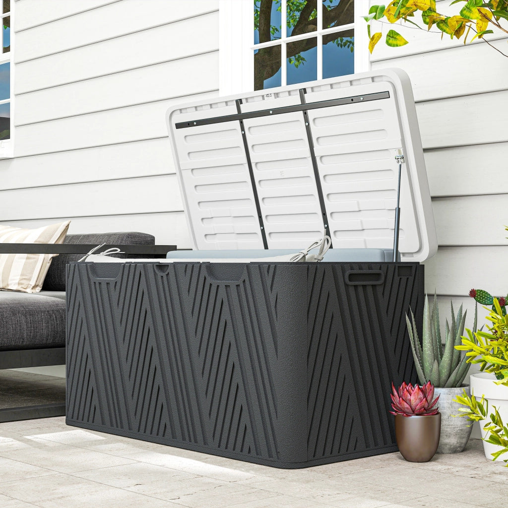 Panca Contenitore 380L in HDPE con 2 Maniglie Laterali e Leva a Gas, 115x60x60 cm, Nero e Grigio