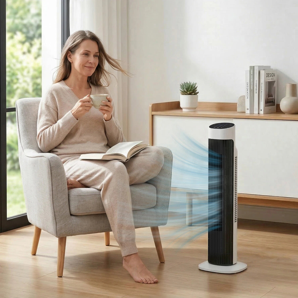 Ventilatore a torre oscillante ¨C Zephmum ¨C Bianco e Nero, 70¡ã, LED, telecomando, timer 12H
