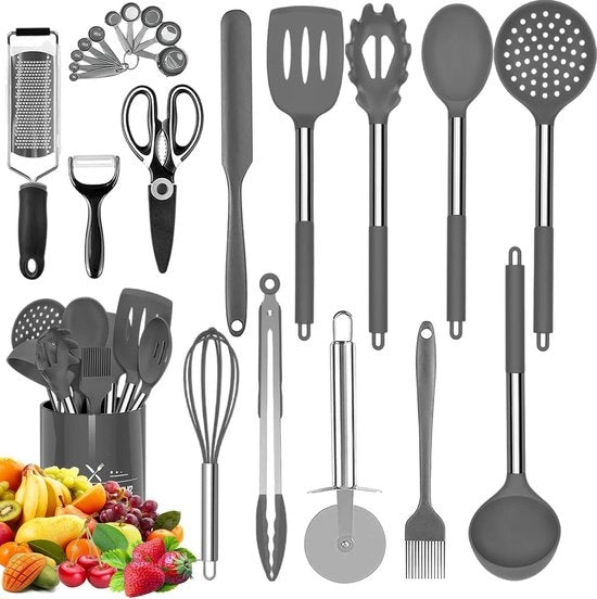 Set di accessori da cucina in silicone da 24 pezzi - acciaio inossidabile, resistente al calore, antiaderente - grigio