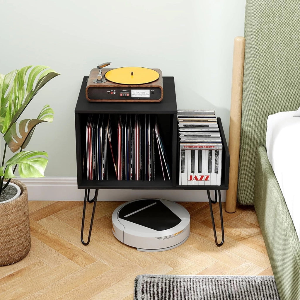 Supporto per giradischi, 66 x 45 x 67 cm, tavolino con stazione di ricarica integrata, mensola in vinile con gambe in metallo, armadio per camera da letto, soggiorno (nero)