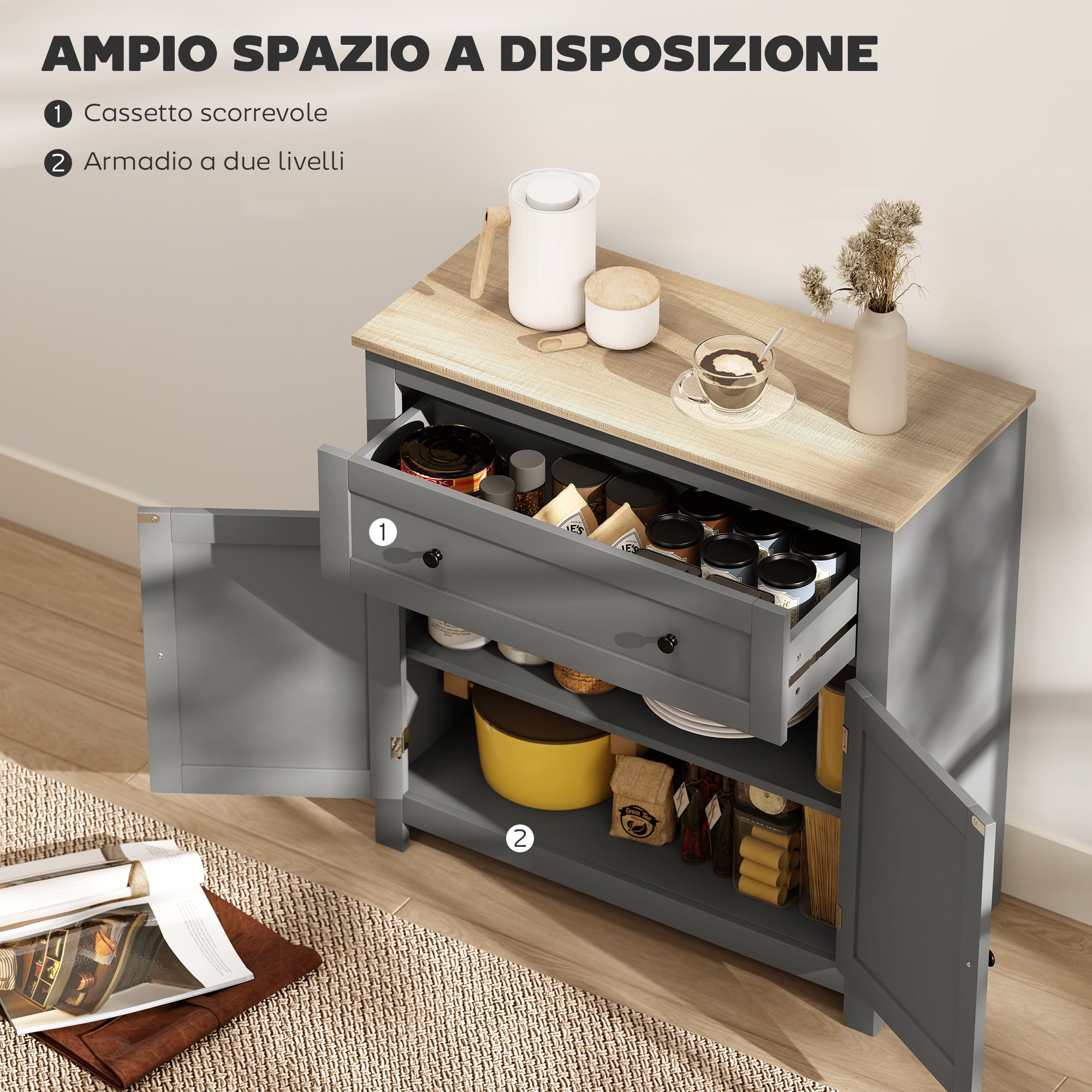 Credenza Cucina Bassa 78.5x35x80 cm con Cassetto e Armadietto in Legno Grigio