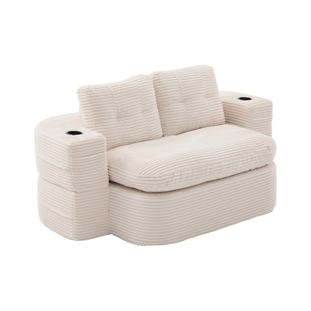 Poltrona letto 2 in 1 in corduroy beige, con funzione relax, doppio portabicchieri e tasche laterali