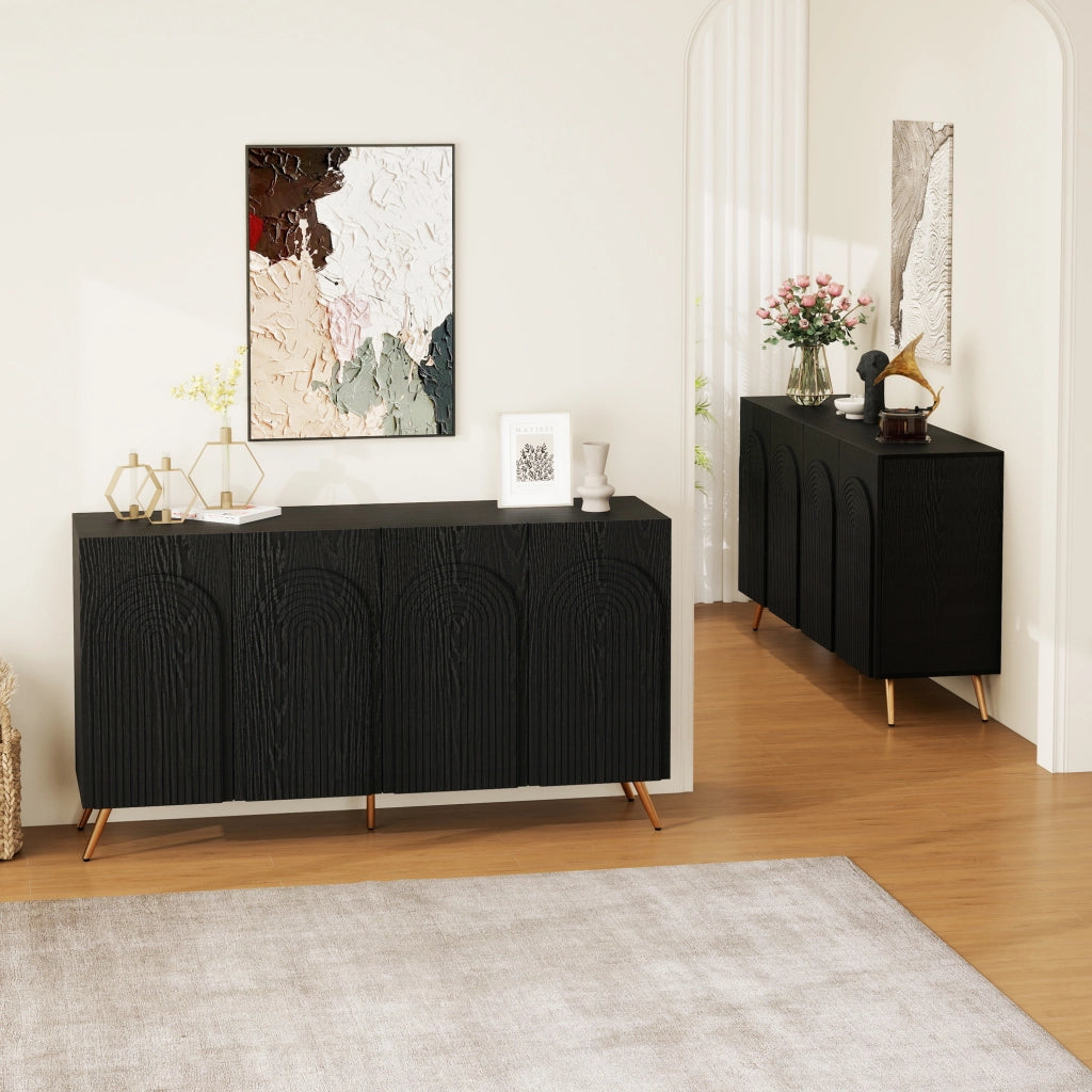 Credenza Mid-Century con Ante ad Arco e Scanalature 3D ¨C MINIMAL ¨C Legno, Gambe Dorate, Nero