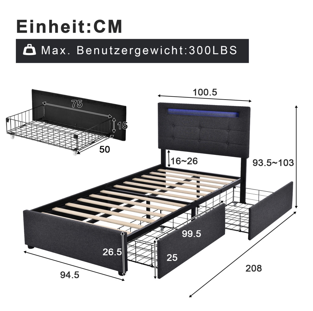 Letto singolo 90x200 cm in lino grigio con LED; 2 cassetti e materasso a molle insacchettate