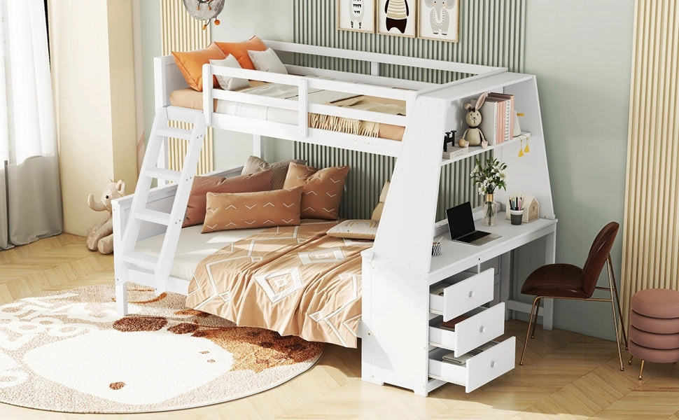 DESMIU Letto a castello bambini 90 × 200 cm e 140 × 200 cm con scrivania, contenimento, senza materasso, bianco