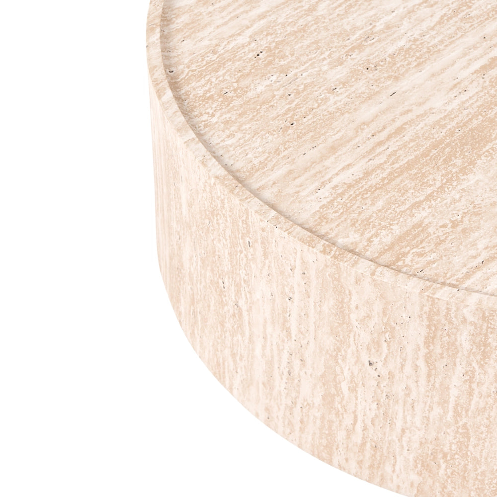 Tavolino in MDF con effetto travertino e impiallacciatura in carta, forma rotonda, per soggiorno, stile moderno
