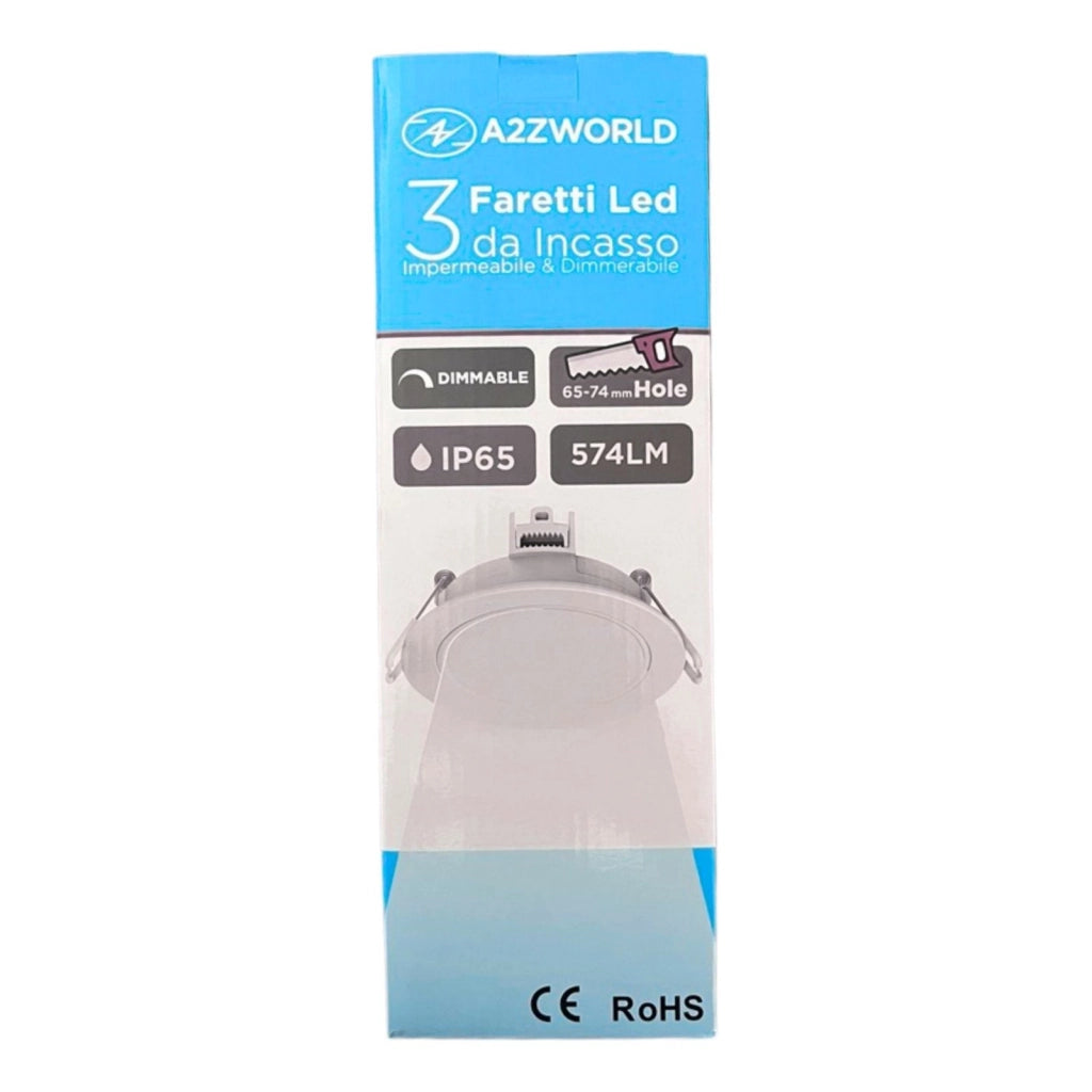 3 Faretti LED da Incasso Dimmerabili 5W 550LM 220V Rotondi Bianco D87mm H36mm Foro 70mm IP65 (Bianco Freddo 6000K)