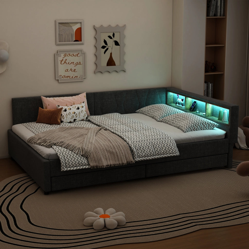LETTO 140x200 cm in lino grigio con LED, USB e 2 cassetti