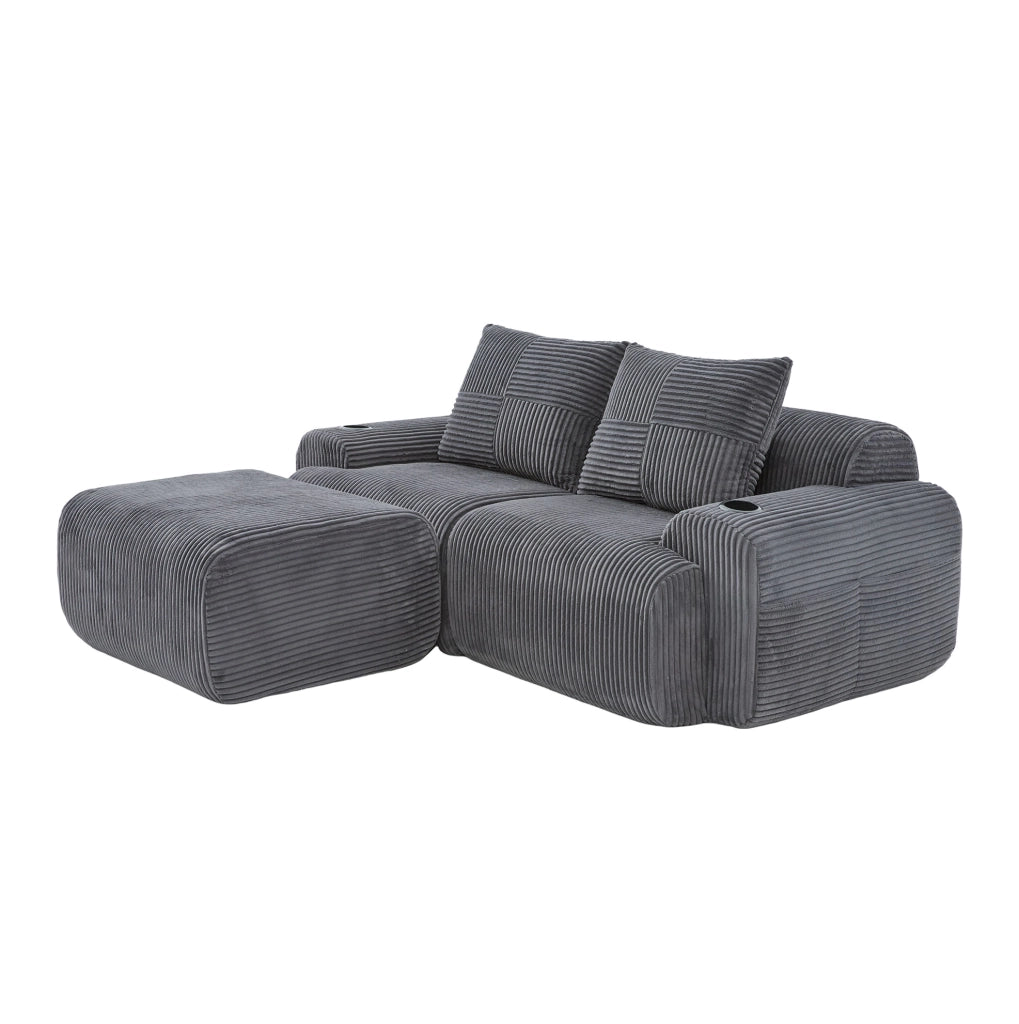 Divano modulare 2 posti con pouf; portabicchieri e tasca laterale; velluto a coste grigio scuro