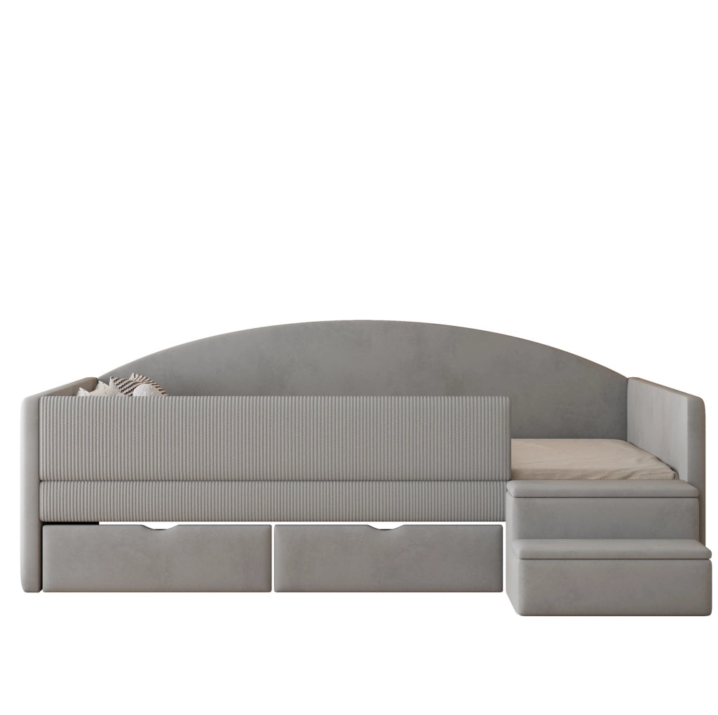 Letto imbottito 90x190 cm in velluto grigio acqua con cassetti e scalini