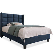 Letto Singolo 90×200 cm con Testiera Imbottita e Doghe; senza Materasso; in Lino Blu
