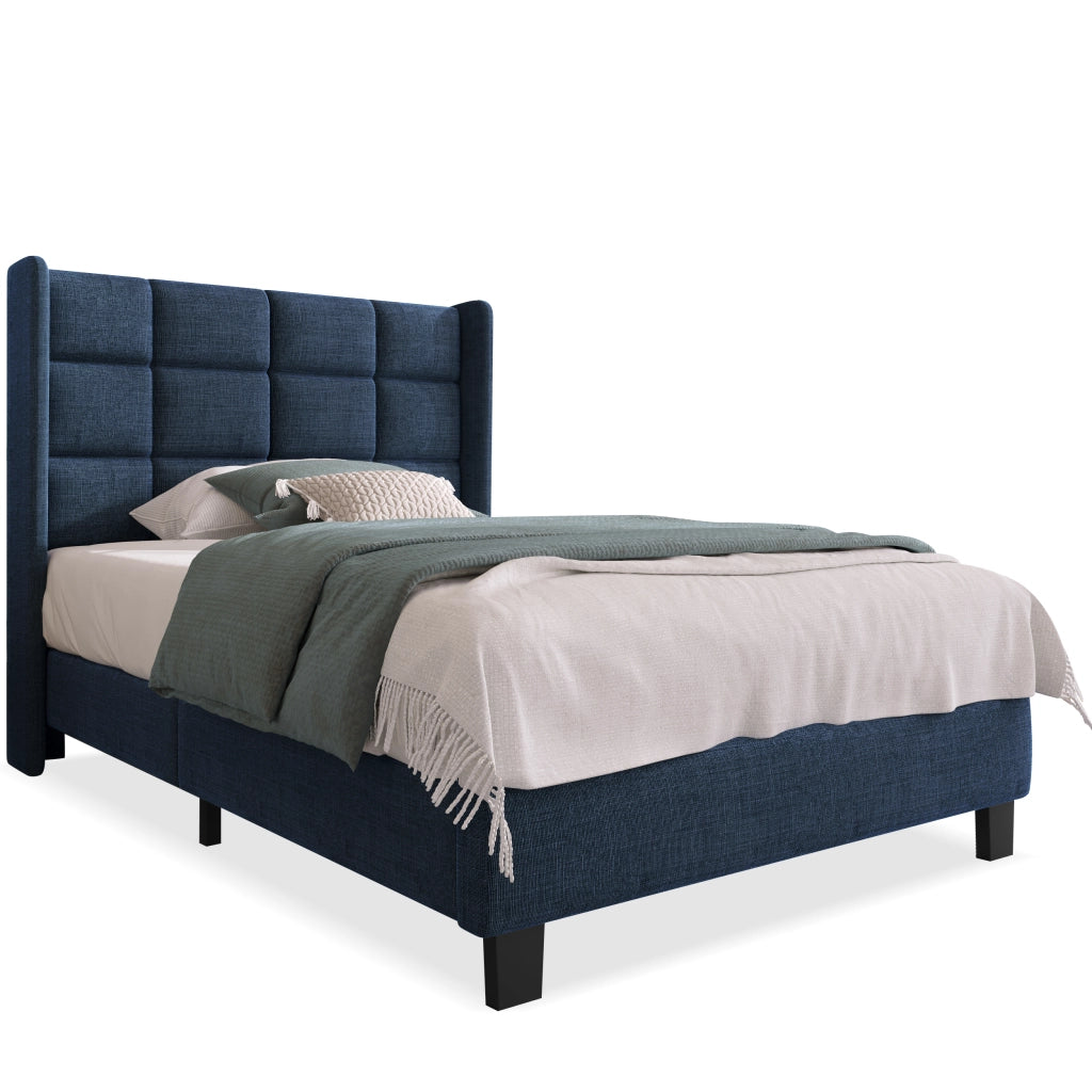 Letto Singolo 90×200 cm con Testiera Imbottita e Doghe; senza Materasso; in Lino Blu