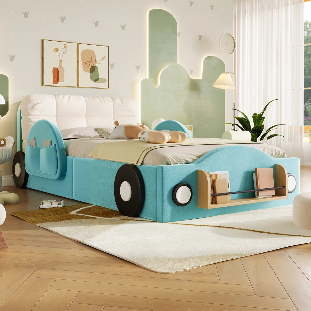 Letto Contenitore 90x200 cm con sollevamento idraulico; tasche laterali e ripiano in Flanella Blu