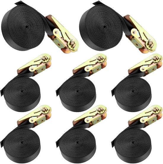 Pacchetto di 8 spanbandi in acciaio inossidabile, lunghezza 6m, diametro 25mm, capacità di sollevamento 800 kg, spanbandi professionali per carichi, camion, motociclette e rimorchi, colore nero